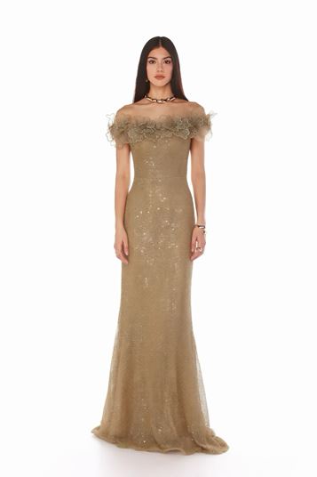 Beige Floral Embroidered Sequin Evening Dress